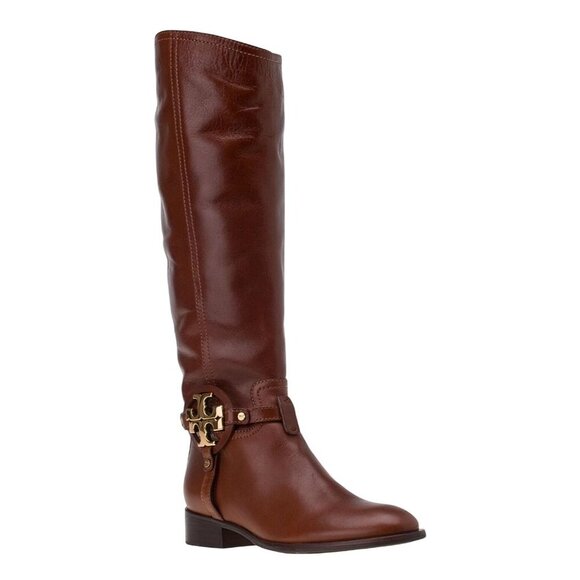 Tory Burch Aaden Riding Boots Cognac Leather Gold Logo Zip Closure Size 6M - Picture 9 of 16